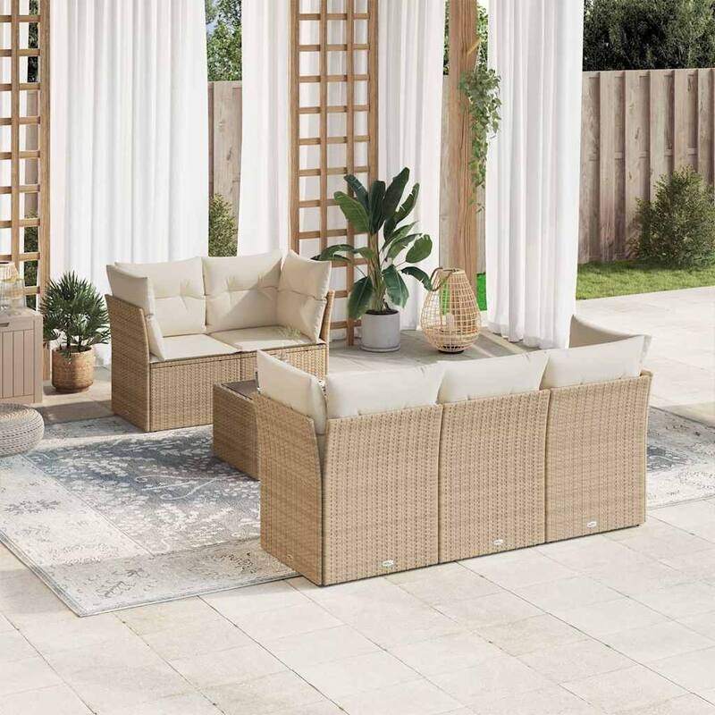 vidaXL Patio Sofa Set with Cushions Outdoor Furniture 6 Piece Poly Rattan - 21.7 x 21.7 x 14.6 - Beige and cream