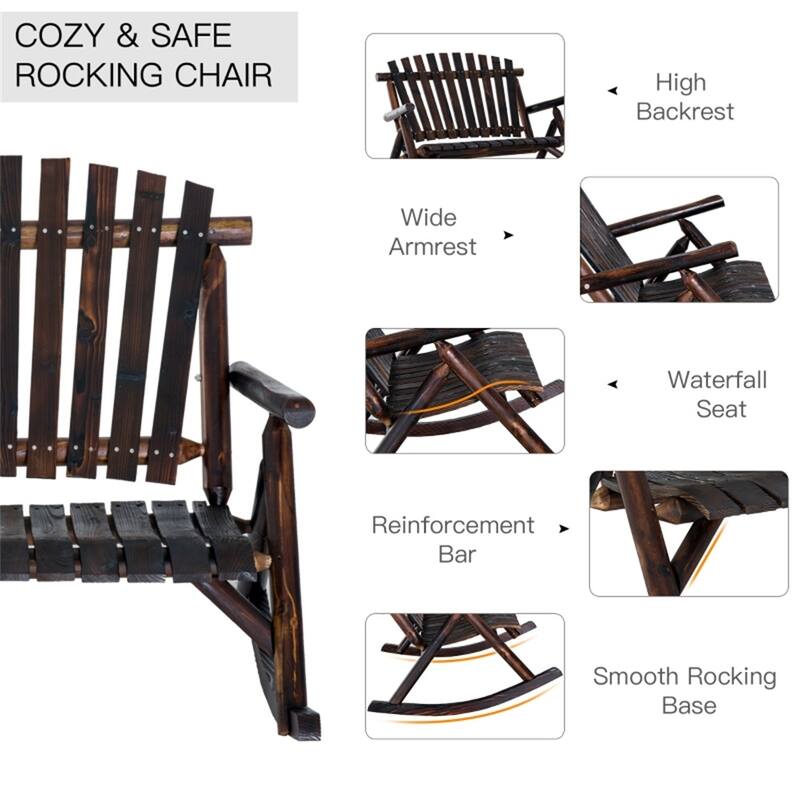 Brown Fir Wood Adirondack Rocking Chair with Wide Seat and Armrests - 45.75" W x 38.25" D x 36.25" H