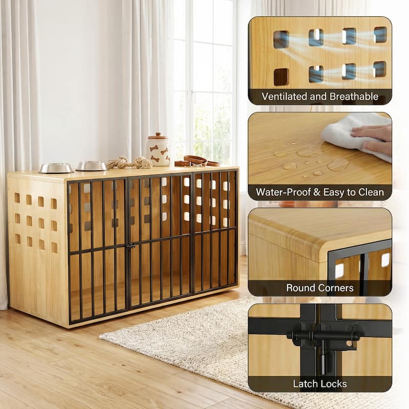 47.2" Wooden Dog Crate Furniture, Large Indoor Dog Kennel with Metal Doors, Solid Pine Wood Pet Crate End Table for Large Dogs