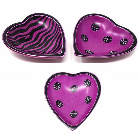 Small Soapstone Heart Bowls with Designs, Set of 3, Fuchsia