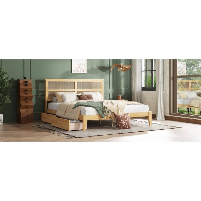 Roomfitters King Wood Bed with Rattan Headboard, Two Underbed Storage Compartments, Reinforced Slats & Support Feet