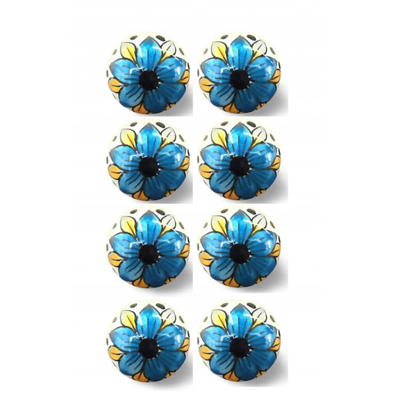 Set of 8 Ceramic Flower Cabinet Knobs Hand-Painted Round Drawer Pulls for Dresser and Doors - 1.5" X 1.5" X 1.5"