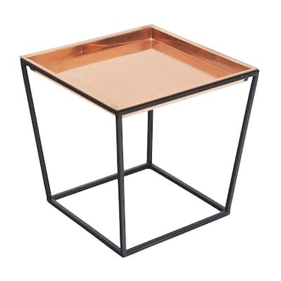 Achla Designs Small Indoor Outdoor Arne Plant Stand With Copper Tray, 14 Inch Tall, Black Powder Coat Finish