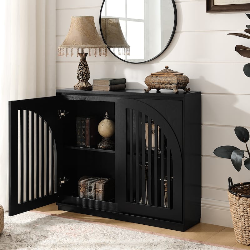 Small Sideboard Cabinet, Mid-Century Modern Openwork Door Sideboard with Storage, Narrow Sideboard for Living Room, Coffee Bar
