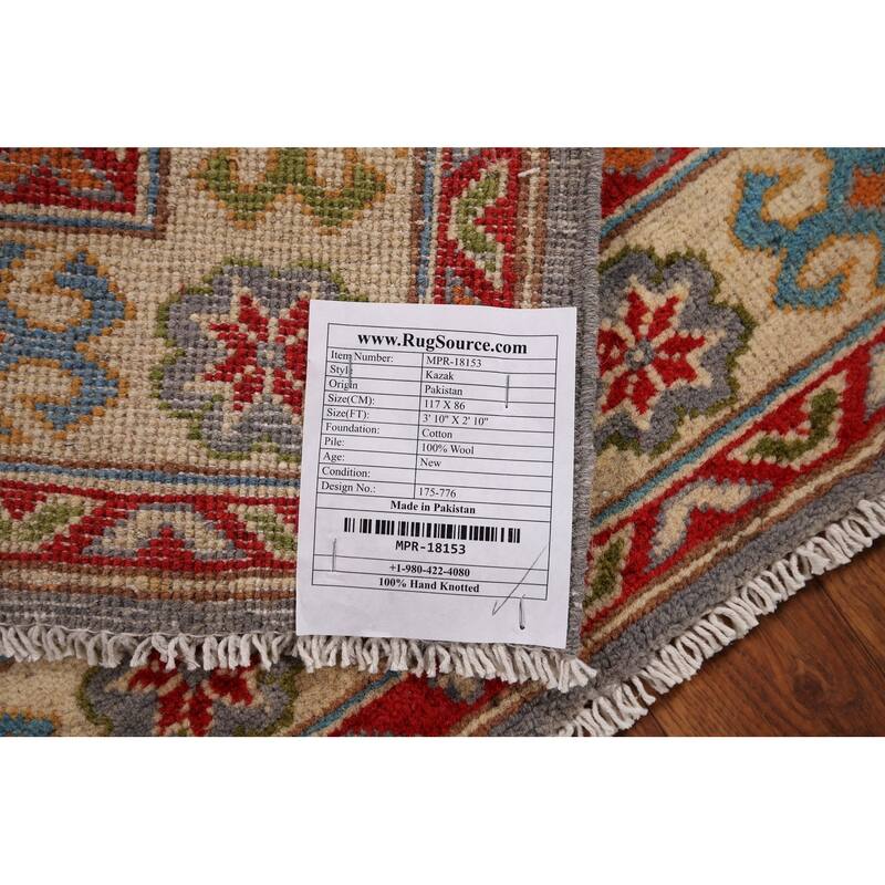 Geometric Gray Kazak Accent Rug Hand-Knotted Wool Carpet - 2'10" x 3'10"