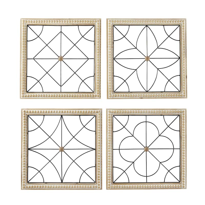 Wood Geometric Carved Beading Home Wall Decor with Metal Wire - Set of 4 Brown - Roche River Decor - Brown