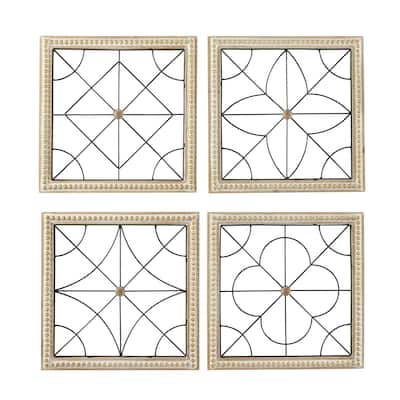 Wood Geometric Carved Beading Home Wall Decor with Metal Wire - Set of 4 Brown - Roche River Decor