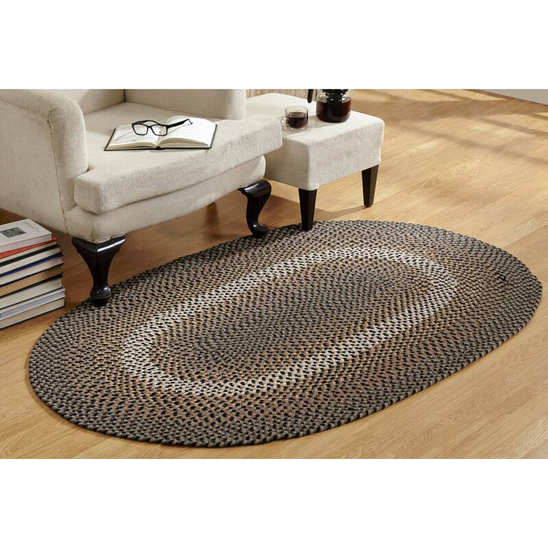 Better Trends Woodbridge Braid 100% Wool Stain Resistant, Double Sided Reversible Oval Indoor Area Utility Rug - 66" x 102" Oval - Black