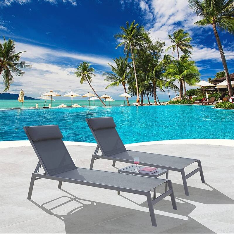 3Pcs Lounge Chair Set with Table,5 Position Adjustable Backrest with Headrest - Grey
