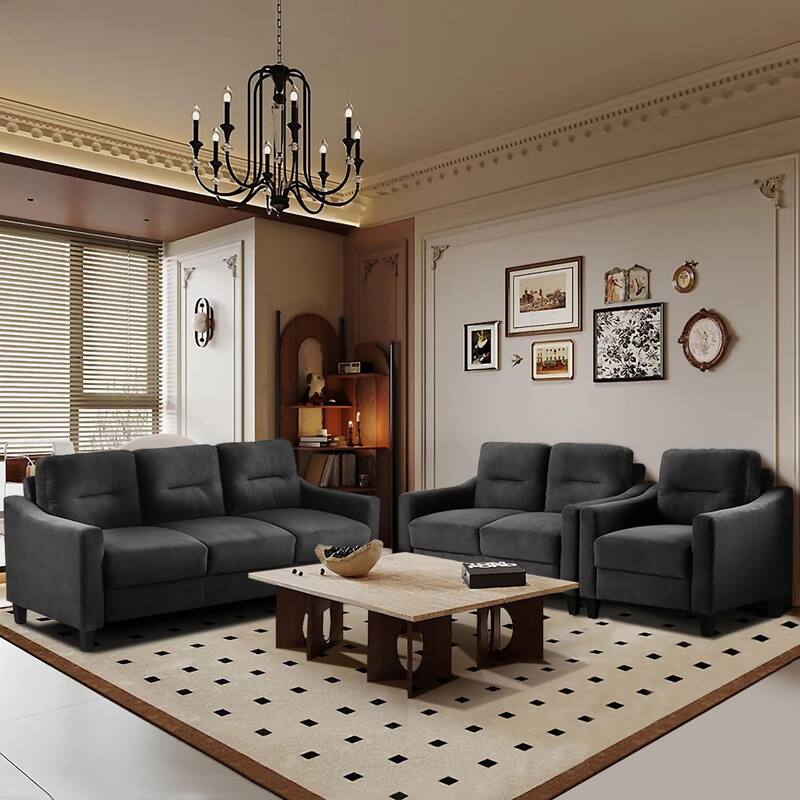 Velvet Modular Sectional 1+2+3 Sofa Set, Plush Detachable Cushions - Black