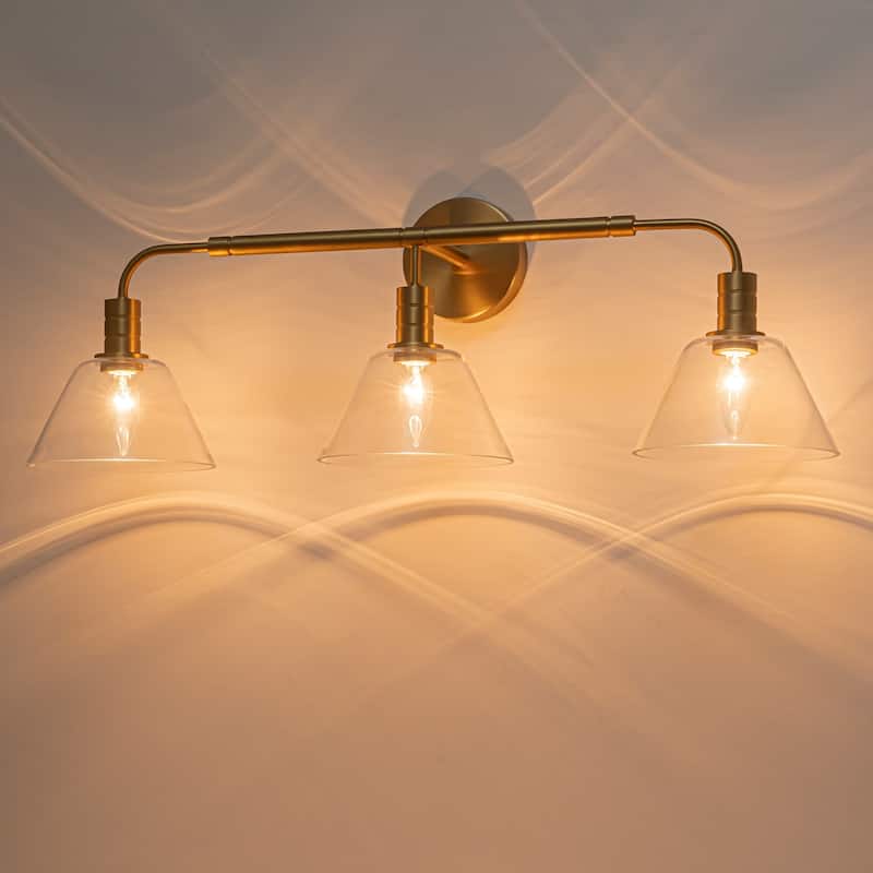 3-Light Transitional Gold Metal Glass Vanity Light for Bathroom - 3 Light - Gold