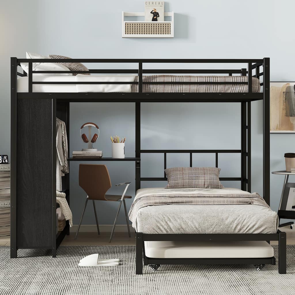 Multifunctional Bunk Bed with Trundle, Black Metal Bunk Bed Frame with Storage Closet, Folding Table and Safety Guardrails