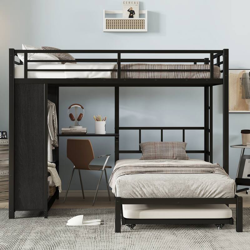 Roomfitters Twin/Full/Queen Metal Bunk Bed with Built-in Wardrobe, Trundle & Foldable Desk, Noise-Reduced Design, Black