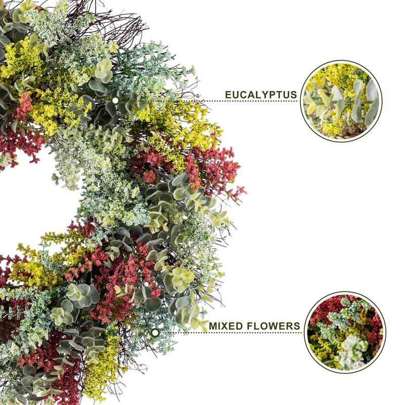 Glitzhome 24"D Mixed Floral Eucalyptus Wreath Includes a Complimentary Black Metal Wreath Hanger