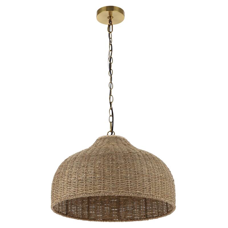 Lacey 20" 1-Light Coastal Bohemian Rattan/Iron Dome LED Pendant, Brown/Brass Gold by JONATHAN Y