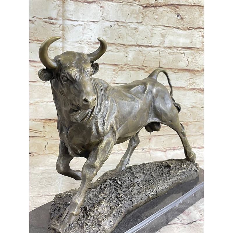 Solid Bronze Sculpture Of A Bull Marble Base Abstract Art Deco Figurine Figure