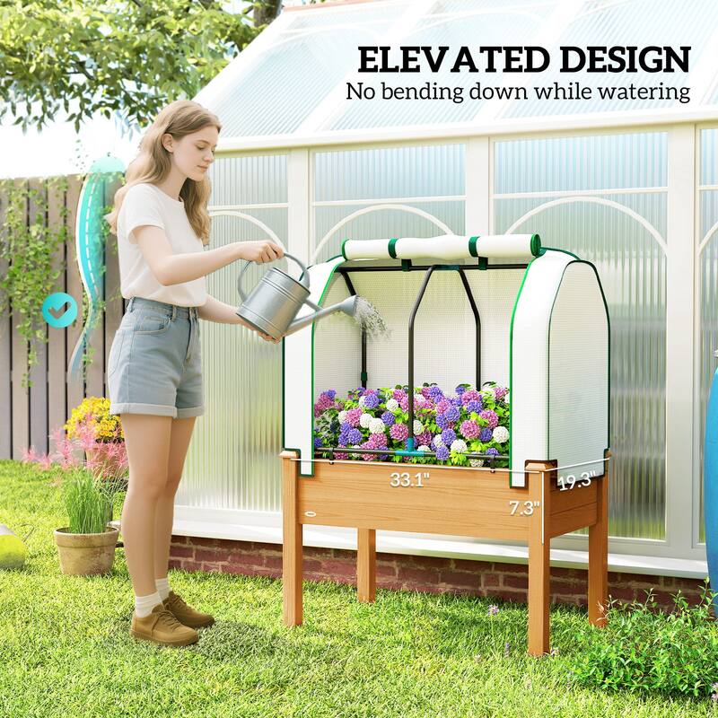 Outsunny Raised Garden Bed with PE Greenhouse Cover Outdoor Elevated Wood Planter Box , 35 x 22 x 47 inch