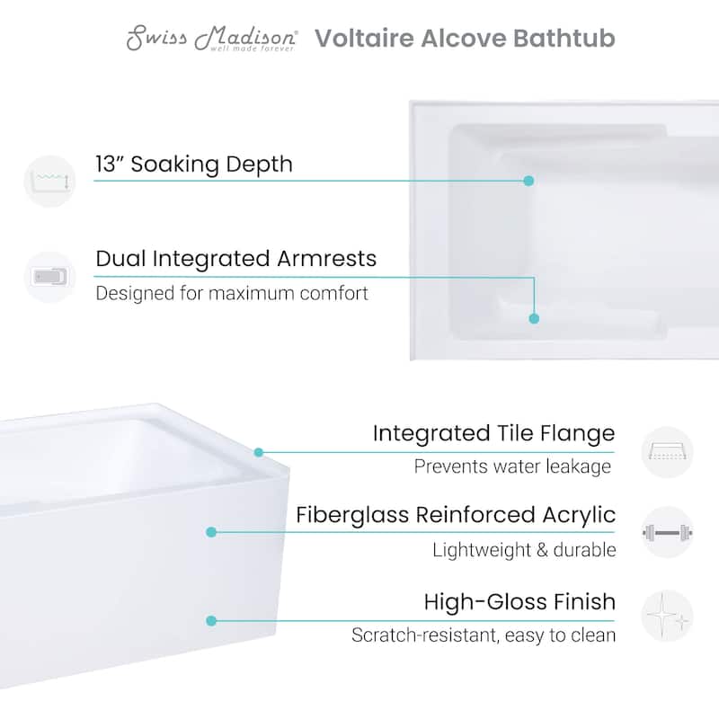 Swiss Madison Voltaire, Acrylic White, Alcove, Integral Armrest, Bathtub with Apron