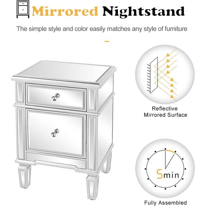 Silver Mirrored Nightstand with 1-Drawers & 1 Side Doors