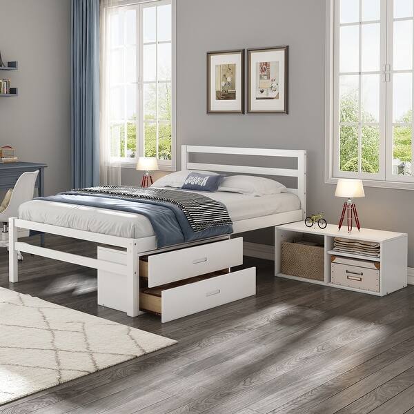 slide 2 of 10, Full Size Platform Bed with Removable Storage Shelves, Wooden Bed with Built-in Two Storage Drawers for Bedroom, White White