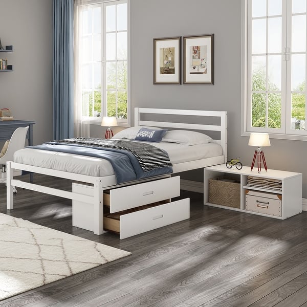 slide 2 of 45, Full Size Wood Platform Bed with Removable Shelves, 2-Storage Drawers, White White