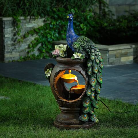 Resin Peacock and Urn Statue Outdoor Fountain with LED Lights