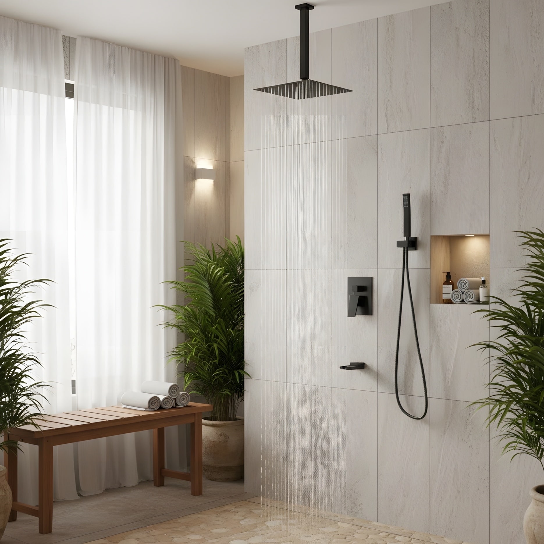 Ceiling Mount Shower with Waterfall Tub Spout and Hand Shower
