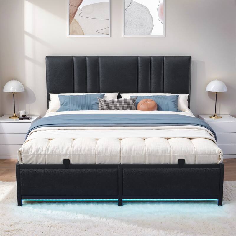 Upholstered Bed Frame with Height Adjustable Headboard,with RGB LED Light and Charging Hub