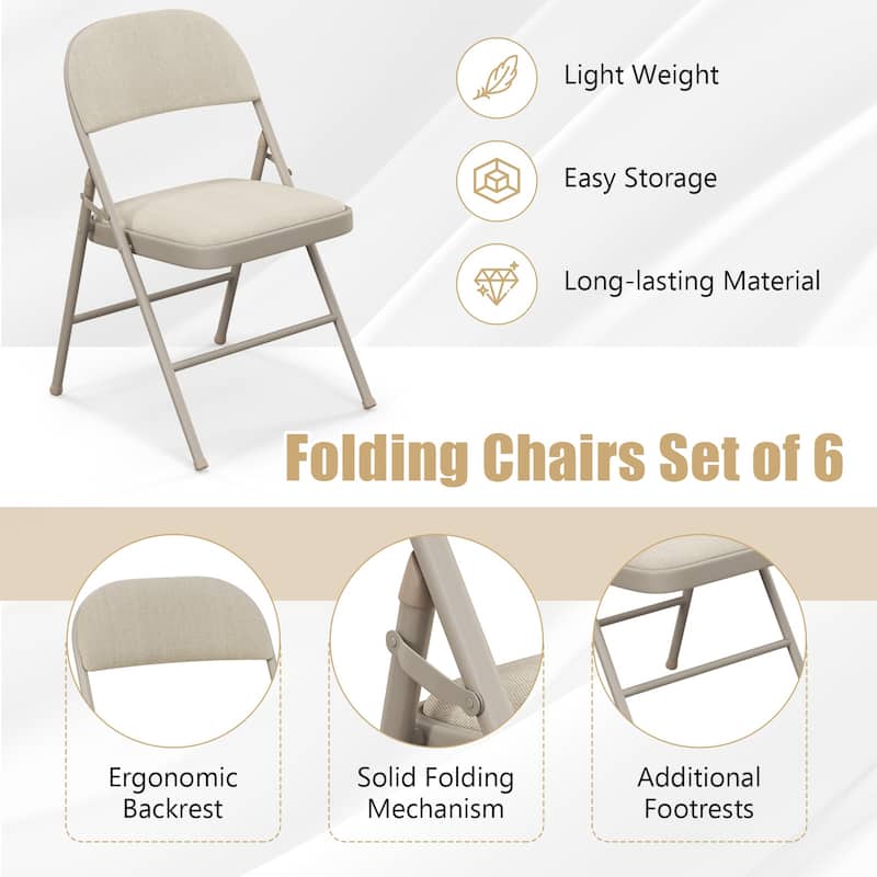 Gymax Set of 6 Folding Chairs Fabric Upholstered Padded Seat Metal