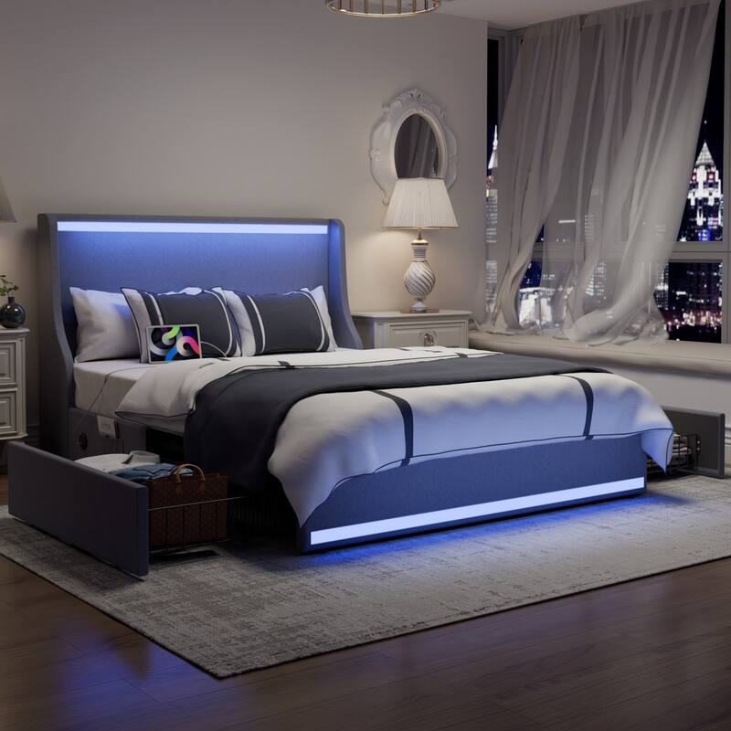 Upholstered LED Bed Frame with 2 Storage Drawers and Wingback Headboard, Linen Fabric Platform Bed with Charing Station