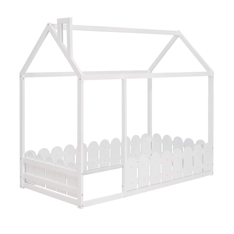 Twin House Bed with Door, Roof and Garden-style Fence, Kids Semi-Enclosed Play Area Wooden Floor Bed Frame