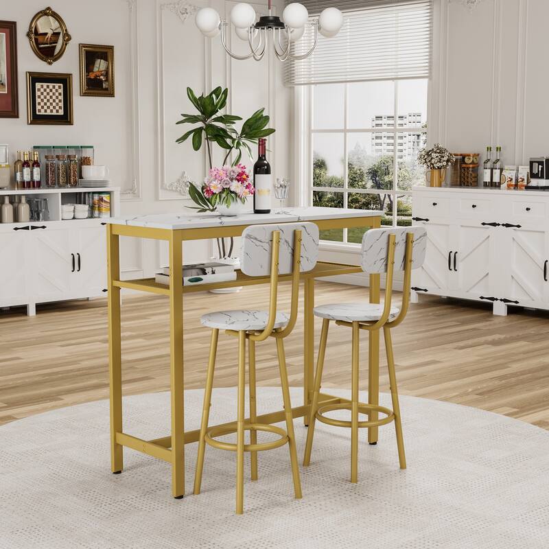 3 Piece Bar Table Set, Bar Table and Chairs Set of 2 with Metal Frame and Storage Rack