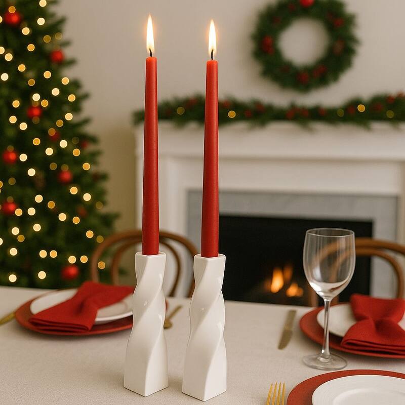 White Tall Curvy Santa Fe Style Ceramic Candlesticks Set of Two