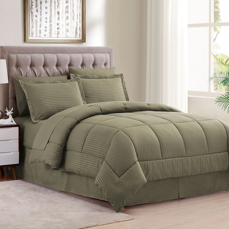 Soft Dobby 8-piece Striped Down Alternative Bed-in-a-Bag Set w/ Sheets - Sage - King