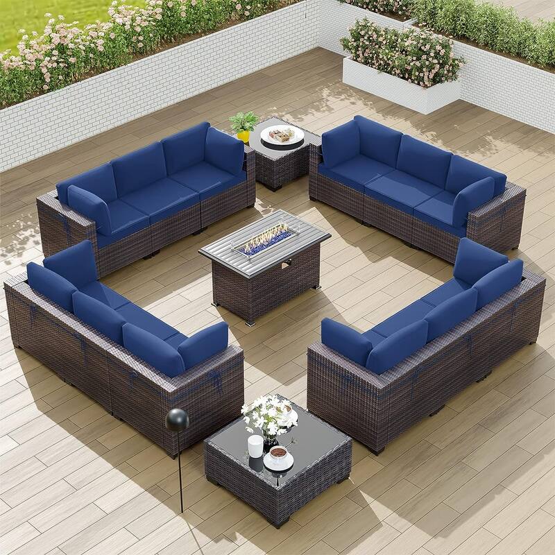Kullavik 15PCS Outdoor Patio Furniture Set with Fire Pit Table & Glass Top Coffee Table - Navy Blue