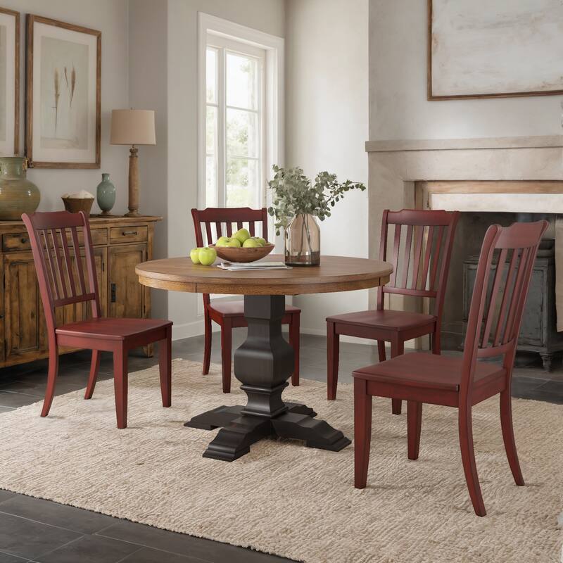 Ronda 45" Round Solid Wood Top Dining Set with Spindle Back Chairs - Antique Black Table - Berry Red Chairs