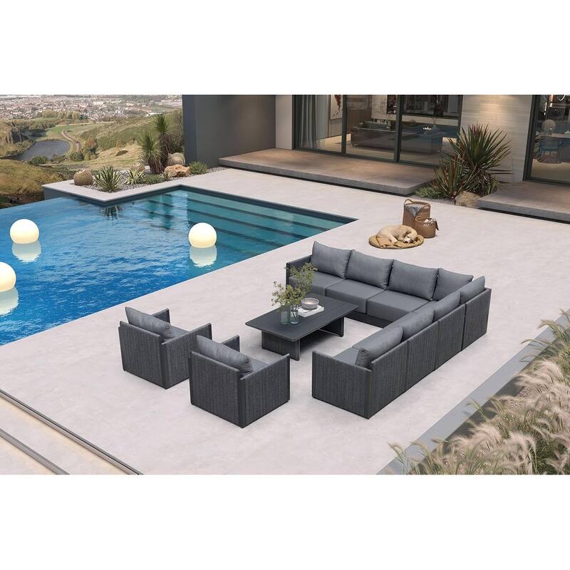 PURPLE LEAF Sanori Patio Conversation Set with Grey Ottoman and Cushion Patio Sofas Sectional Set for Poolside Graden - 9+1-Piece