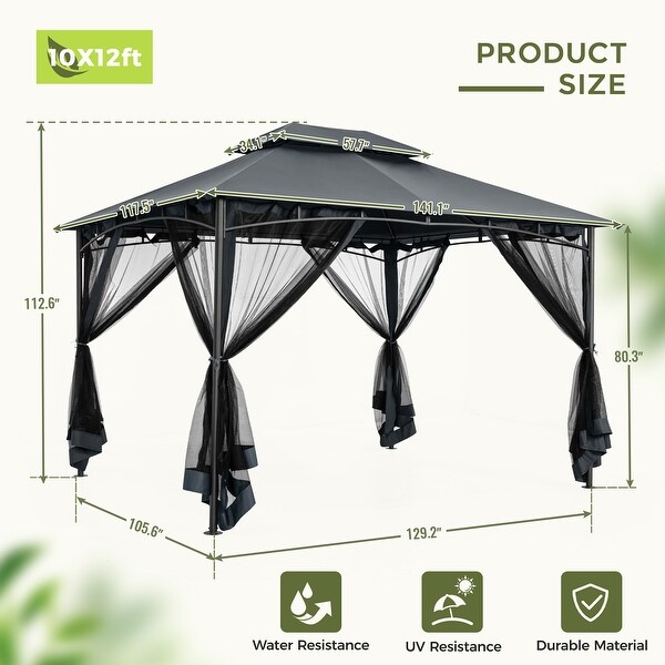10 ft. x 12 ft. Gray Double Roof Soft Top Metal Patio Gazebo with