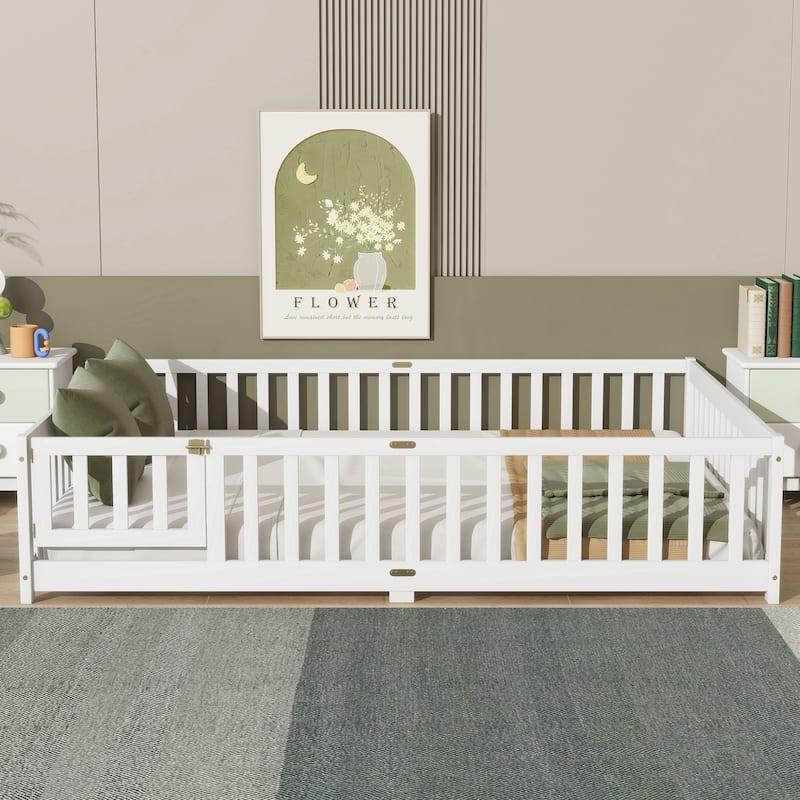 Queen Size Floor Bed with Fence,Door,Rubber Wood Floor Bed with Safety Guardrails