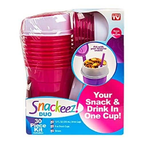 Snackeez Duo, Plastic, Cup and Snack Holder, 30 Piece Kit, Colors Vary  (Red, Blue, Purple), the product title includes all the three colors Red,  Blue