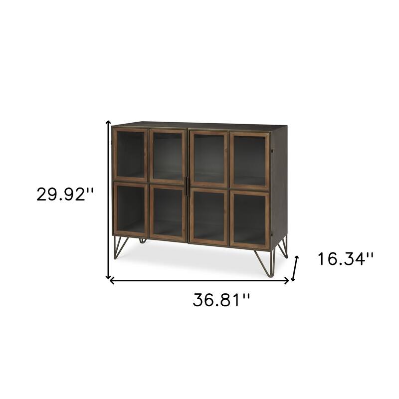 HomeRoots 37" Antiqued Brass and Brown Metal and Solid Wood Accent Cabinet With Two Doors