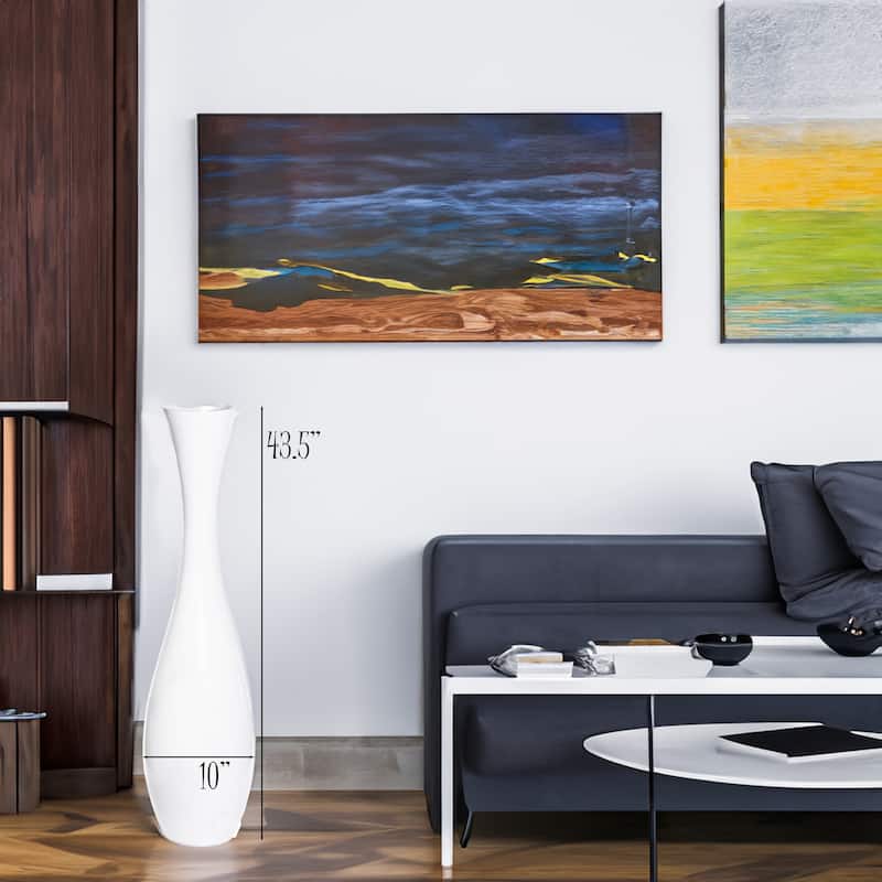 43 Inch Tall White Modern Fiberglass Narrow Trumpet Floor Vase - Contemporary Home Decor Accent Piece for Living Room, Entryway