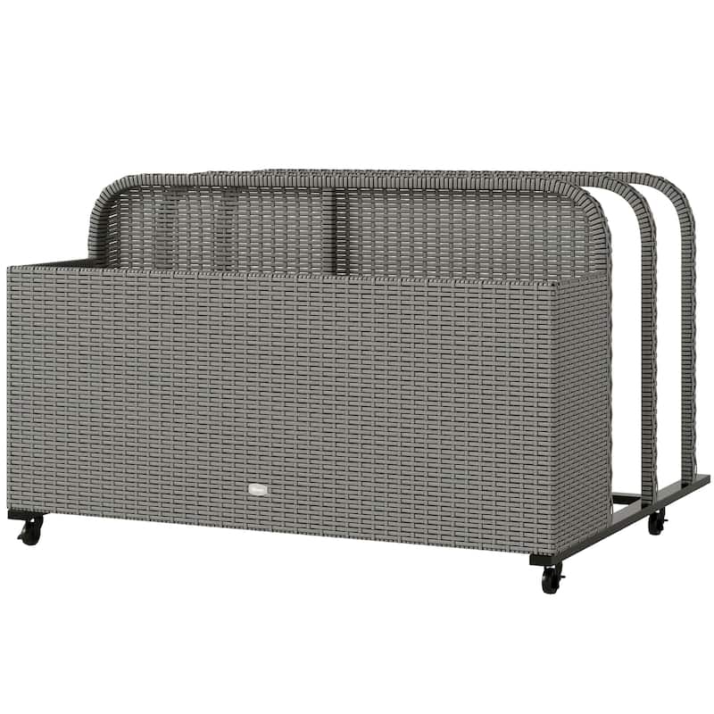 Wicker Pool Float Storage Organizer, PE Rattan Outdoor Pool Float Holder with Rolling Wheels & Storage Rack, Mixed Gray - Grey