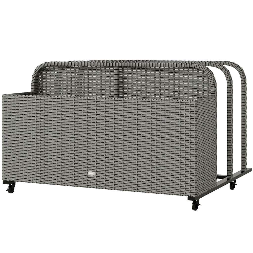 Wicker Pool Float Storage Organizer, PE Rattan Outdoor Pool Float Holder with Rolling Wheels & Storage Rack, Mixed Gray