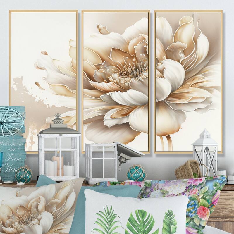 Designart "Blooming Beige Floral Design I" Floral Framed Canvas Art Print - 3 Panels - 48 in. wide x 32 in. high - 3 Panels - Natural