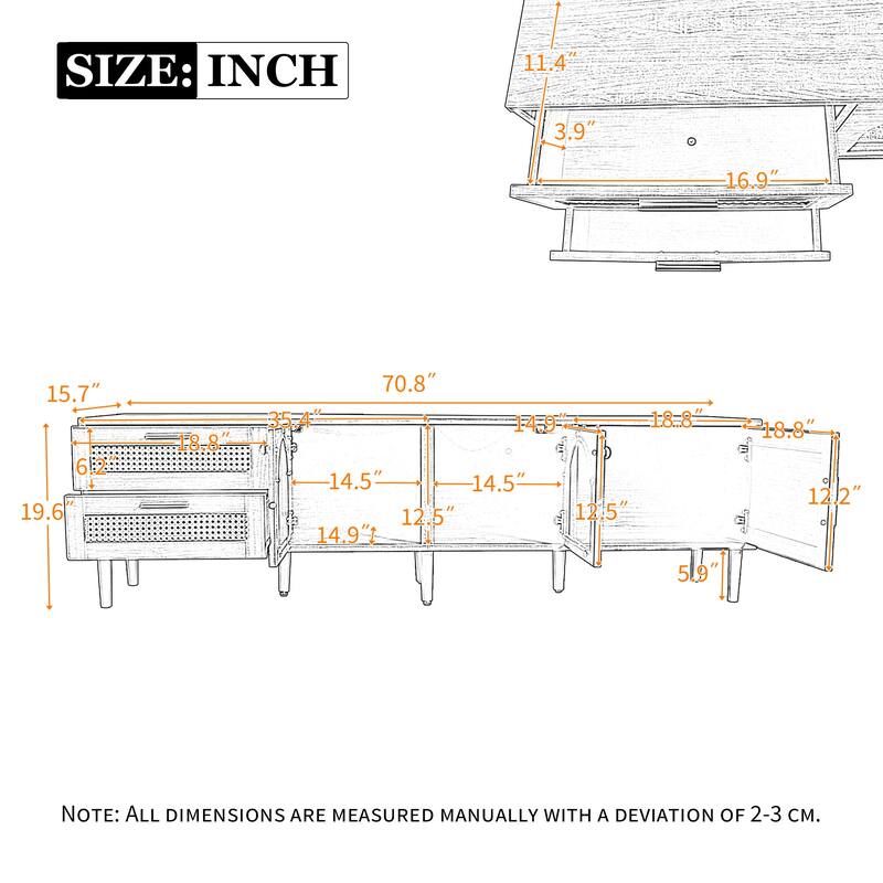 70.8" Rattan TV Stand with LED Lights, 3 Cabinets & 2 Drawers, Modern Media Console for TVs Up to 80"