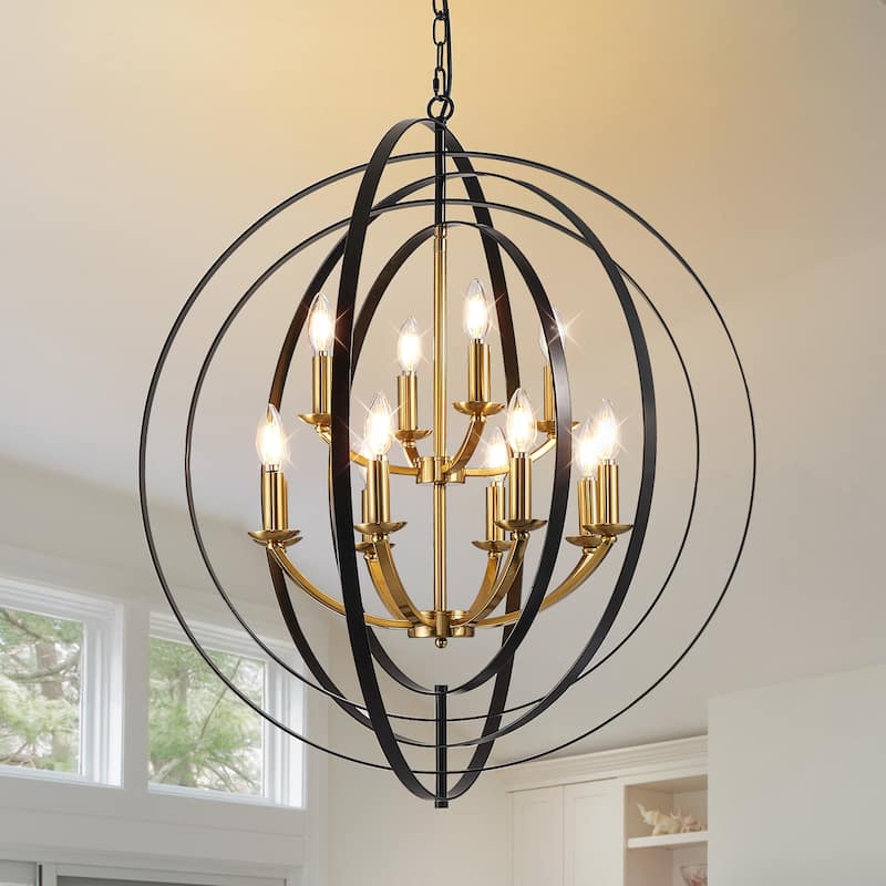 12-Light Globe Chandelier, Black Matte Pendant Lighting - 31" - N/A - Black&Gold