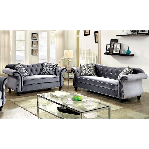 slide 2 of 10, Tese Glam Fabric Tufted Rolled Arms 2-Piece Sofa Set by Furniture of America