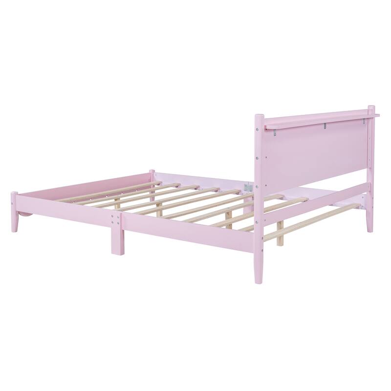 Wood Platform Bed Frame, Retro Style Bed with Rectangular Headboard