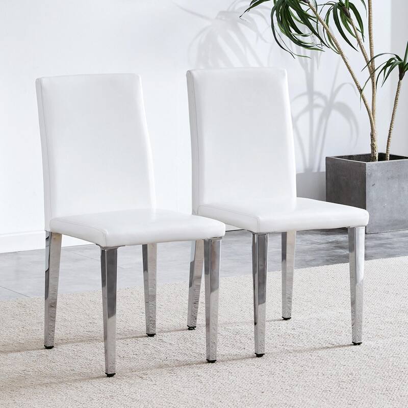 Set Of 4 Pu Leather Backrest Chairs With Metal Legs - White+Silver